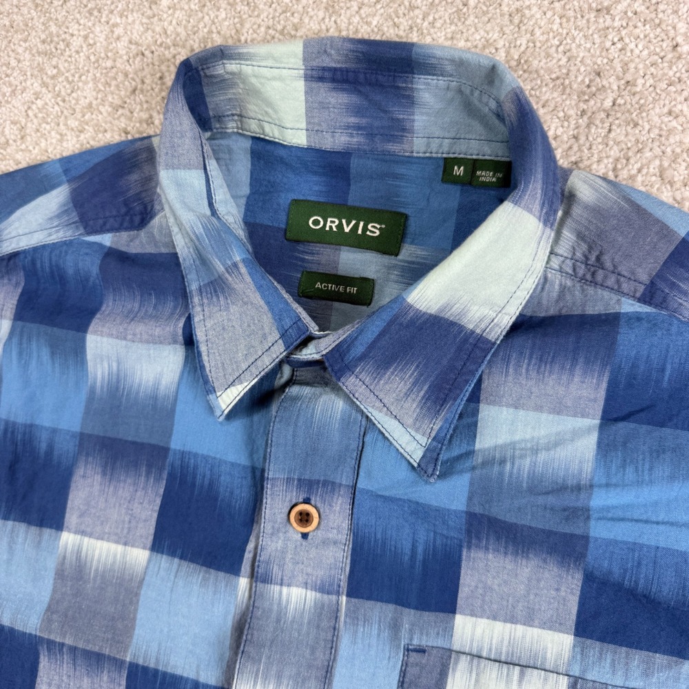 Orvis Button Down Shirt Mens M Blue Ikat Plaid Active Fit Short Sleeve Cotton